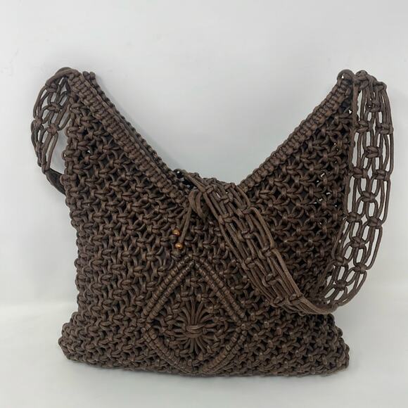 Old Navy Chocolate Brown Open Weave Macramé Hobo Bag - Picture 1 of 10